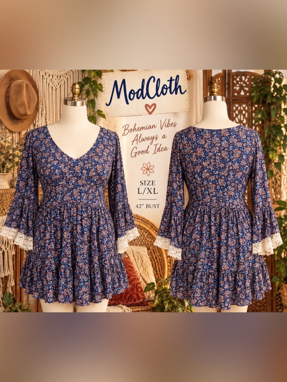 Modcloth Navy Paisley Peasant Babydoll mini dress /top with Lace Trim - L/XL